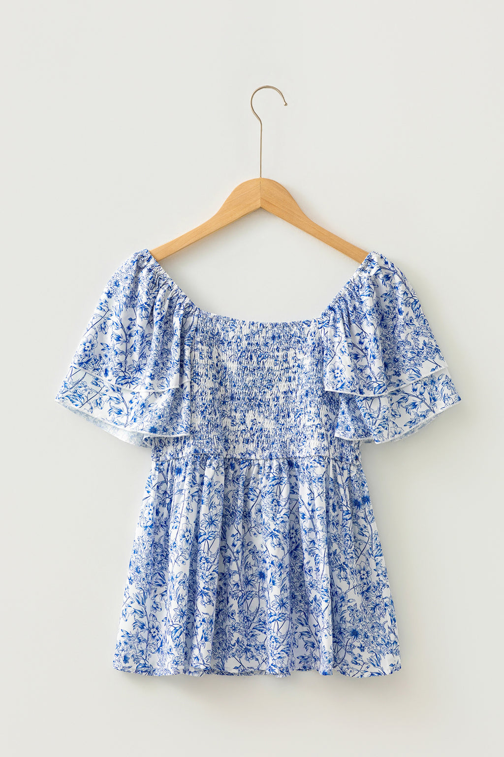 Sky Blue Floral Babydoll Blouse Square Neck Ruffled Sleeve Shirred Women S-XL