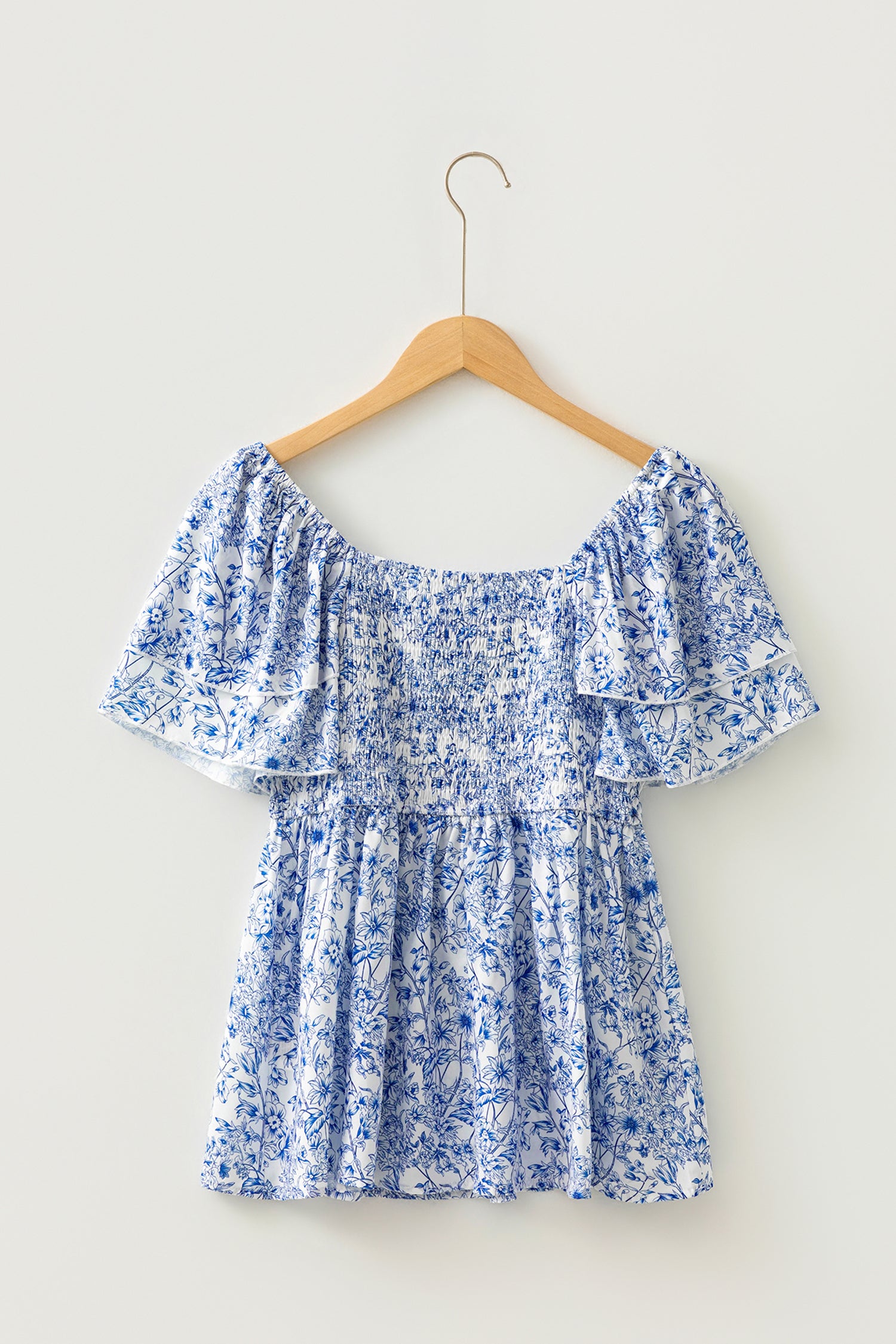 Sky Blue Floral Babydoll Blouse Square Neck Ruffled Sleeve Shirred Women S-XL