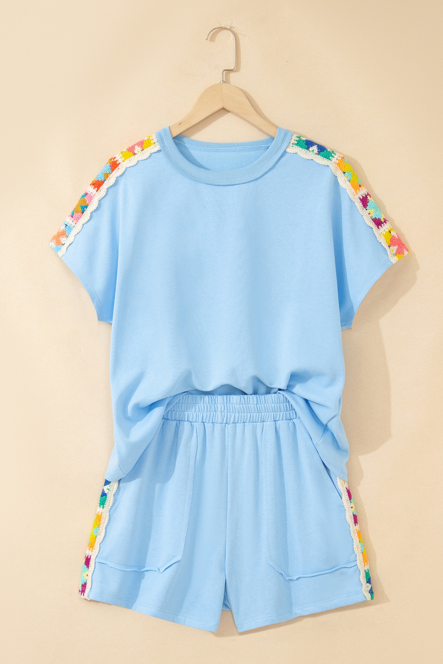 Mist Blue Granny Square Crochet Detail Top & Shorts 2pcs Set
