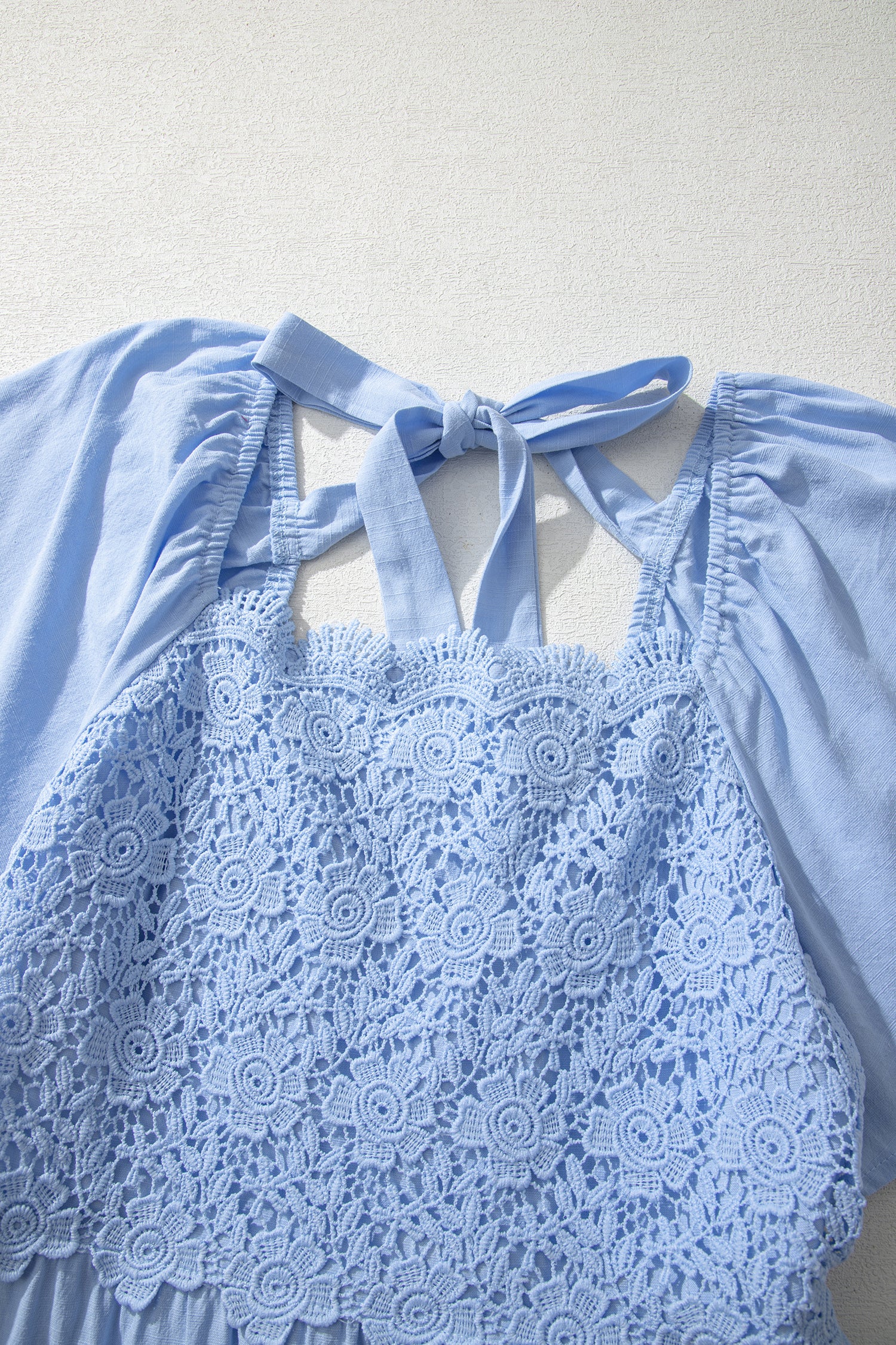 Women's Blue Flowy Short Sleeve Lace Detail Square Neck Tiered Midi Dress S-XL at LivelyLooks