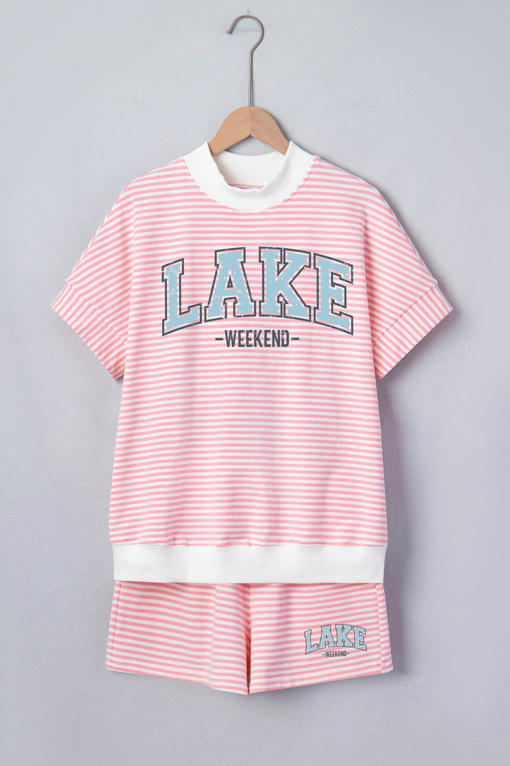 Pink Stripe Lake Weekend High Neck Short Sleeve 2-Piece Short Set