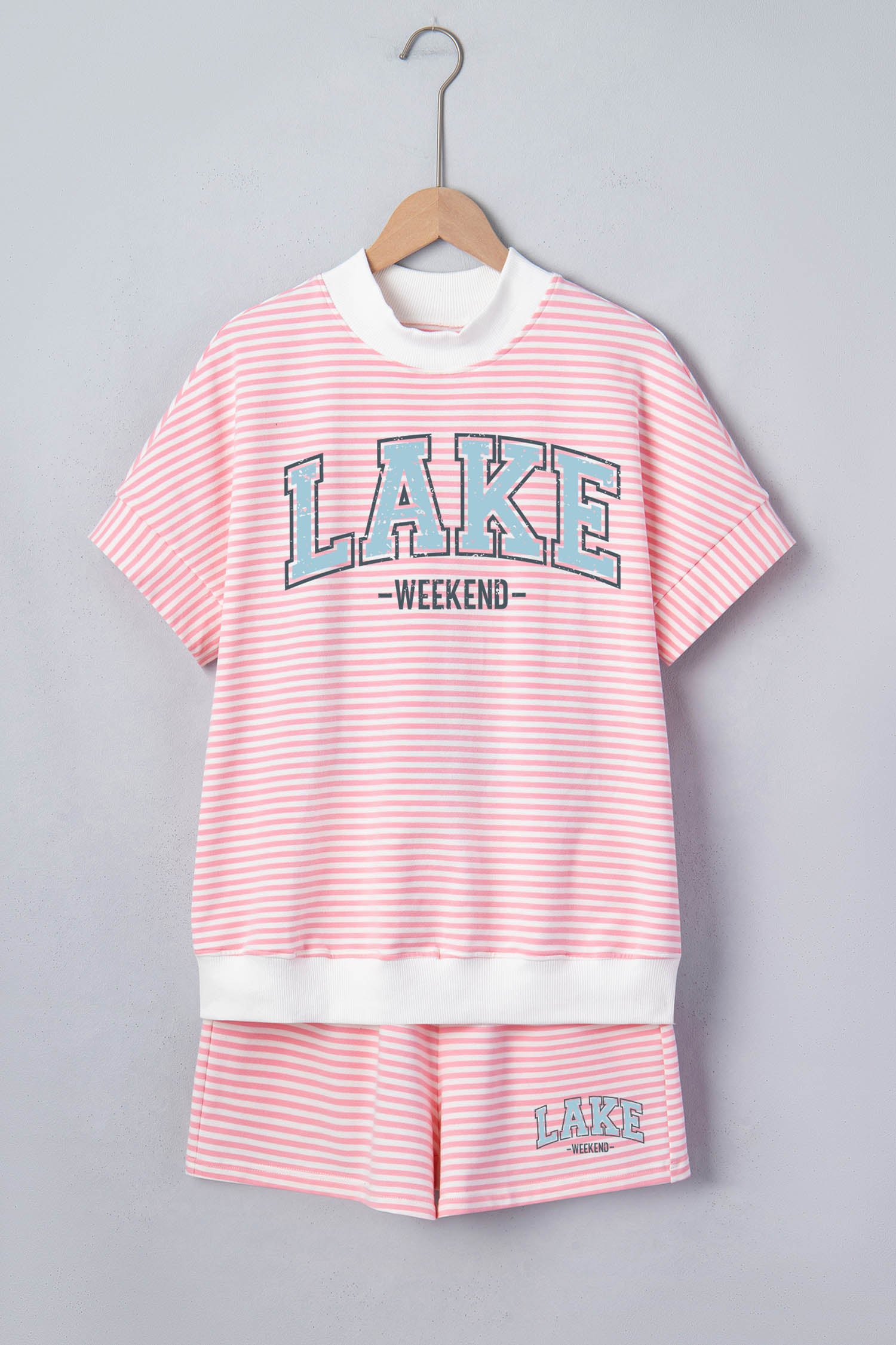 Pink Stripe Lake Weekend High Neck Short Sleeve 2-Piece Short Set