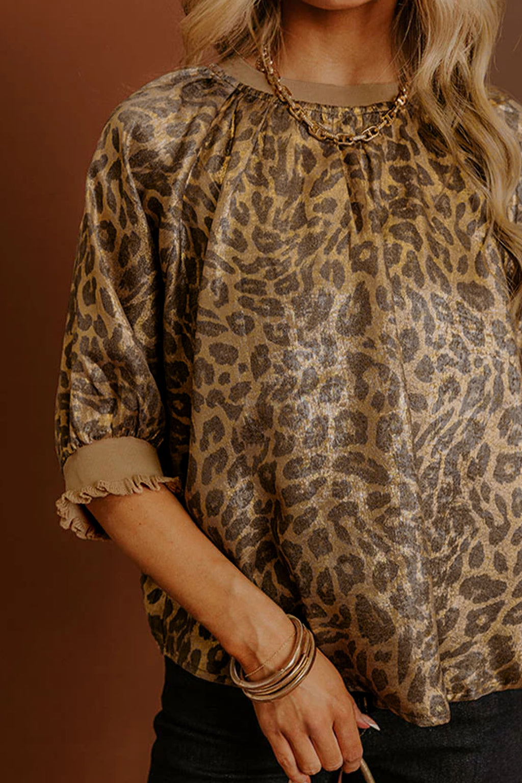 Gold Half Sleeve Metallic Leopard Print Blouse | UK 12–20