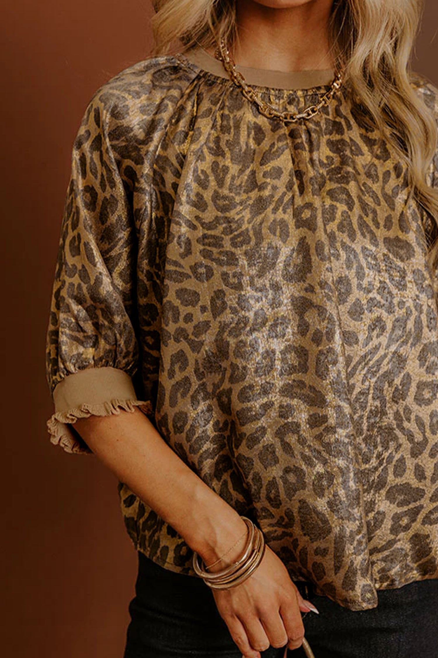 Gold Half Sleeve Metallic Leopard Print Blouse | UK 12–20