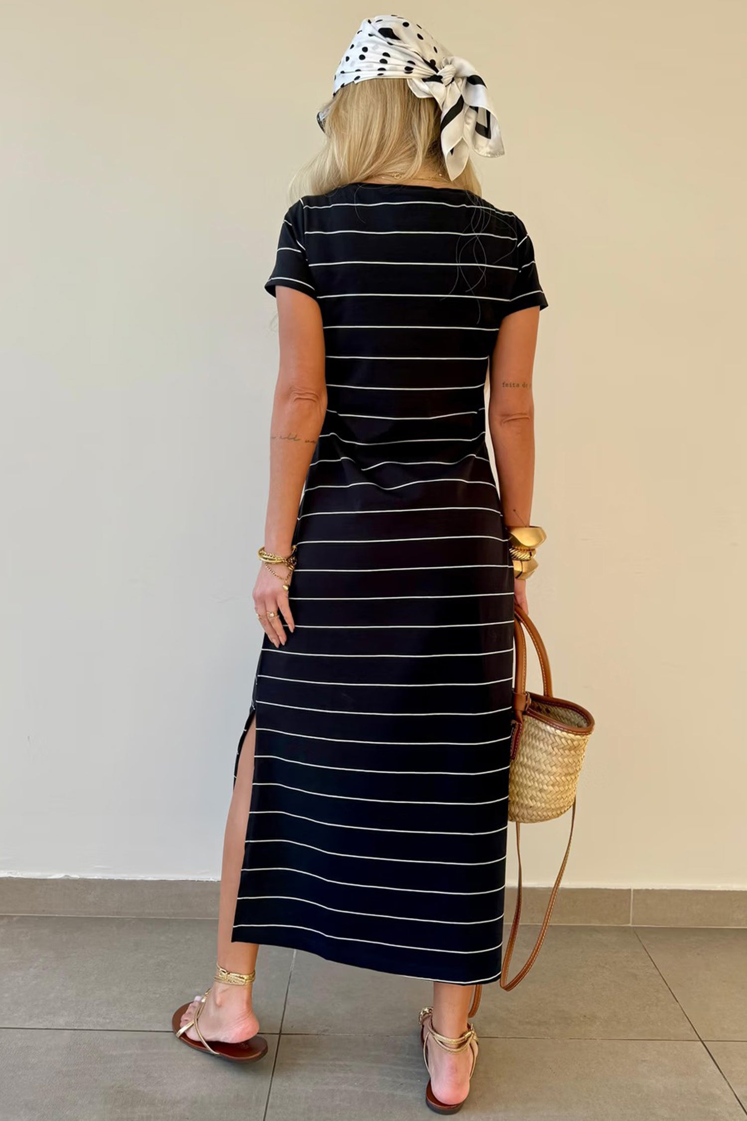 Khaki Stripe Casual Short Sleeve Side Slit Maxi T-Shirt Dress S-XL