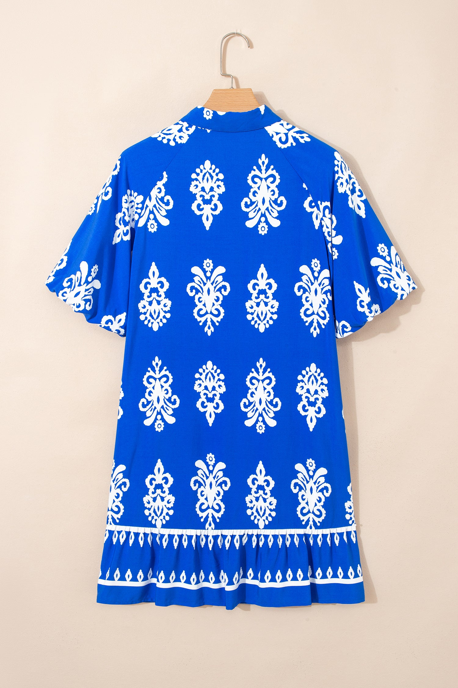 Blue Ethnic Geometric Print Collared Button Front Puff Sleeve Mini Dress S-XL