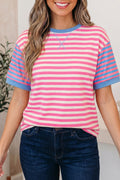 Pink Stripe Contrast Colourblock Short Sleeve Loose Tee
