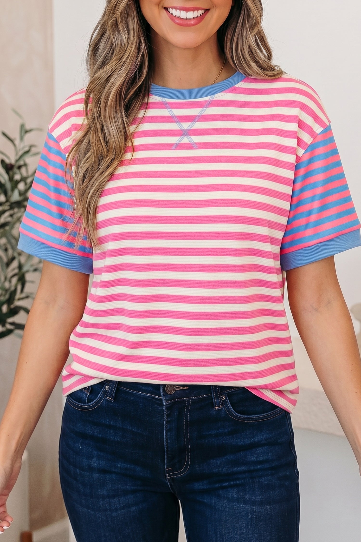 Pink Stripe Contrast Colourblock Short Sleeve Loose Tee