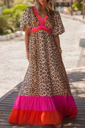 Bright Pink Leopard Colour Block Bubble Sleeve Maxi Dress S-3XL
