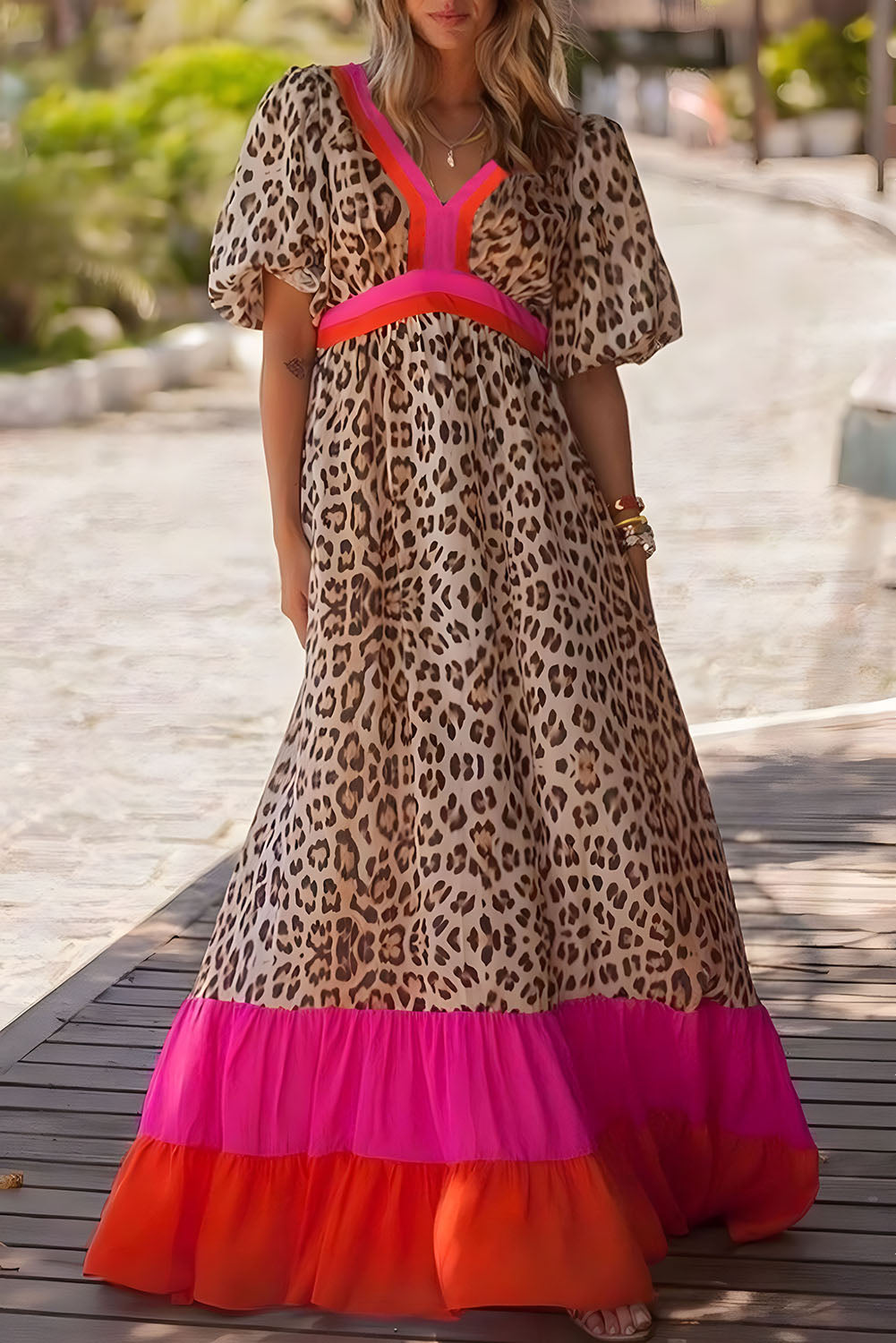 Bright Pink Leopard Colour Block Bubble Sleeve Maxi Dress S-3XL