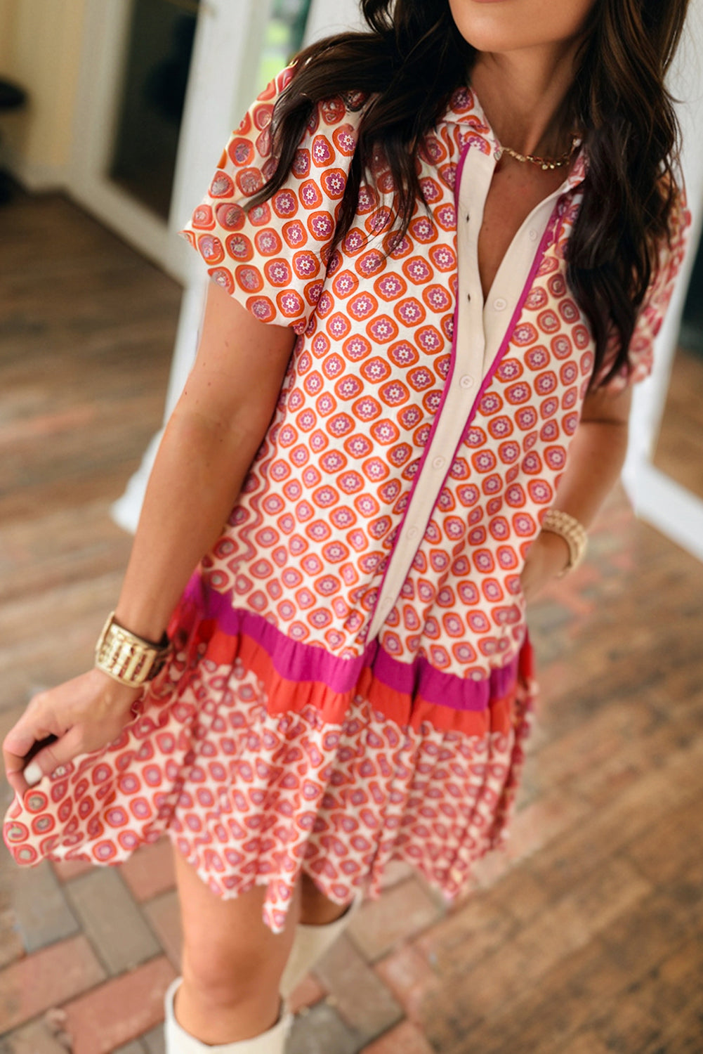 Orange Geometric Floral Colour Block Trim Button Front Ruffle Hem Dress S-XL