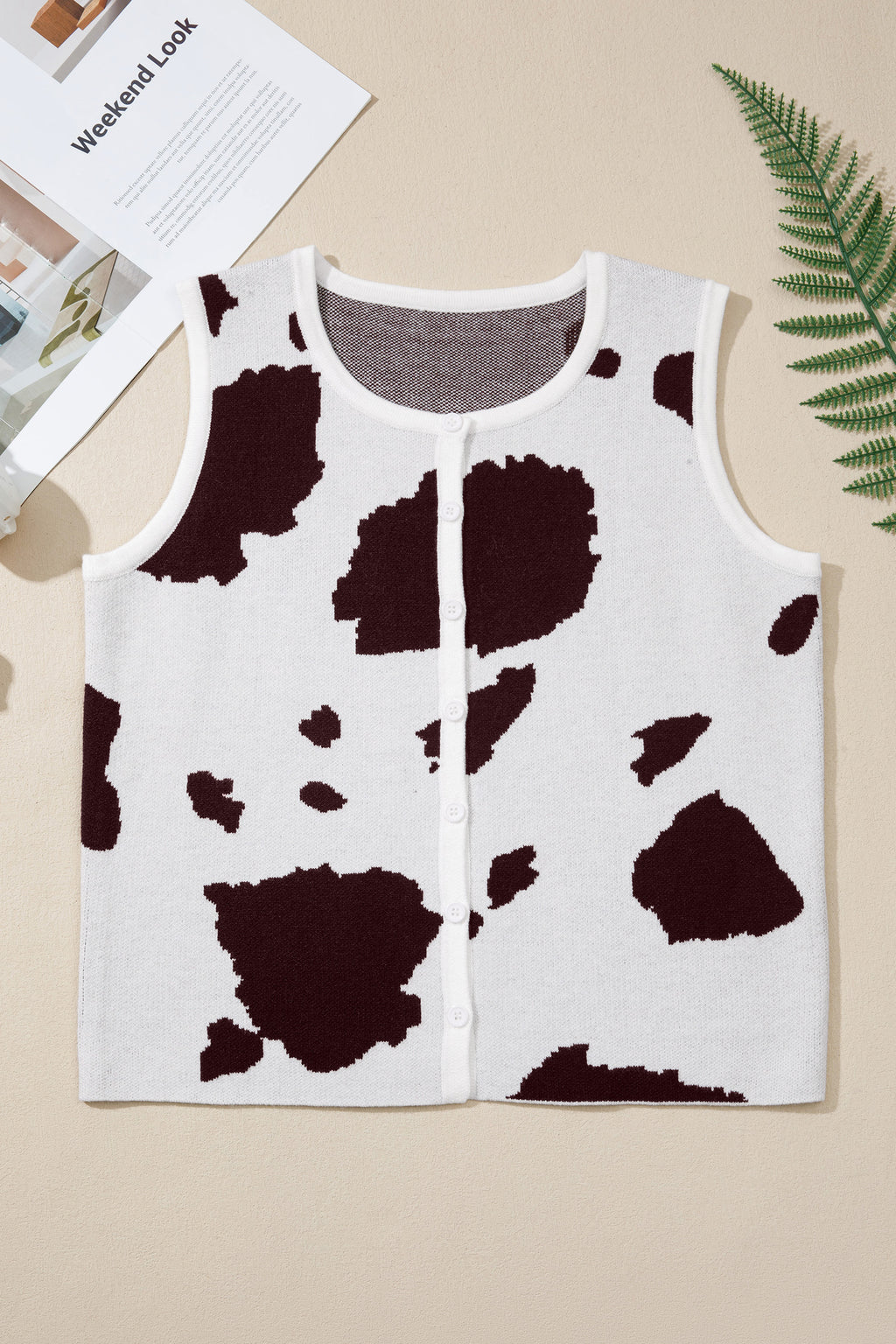 Shop White Western Cow Print Button Down Sweater Vest at LivelyLooks
