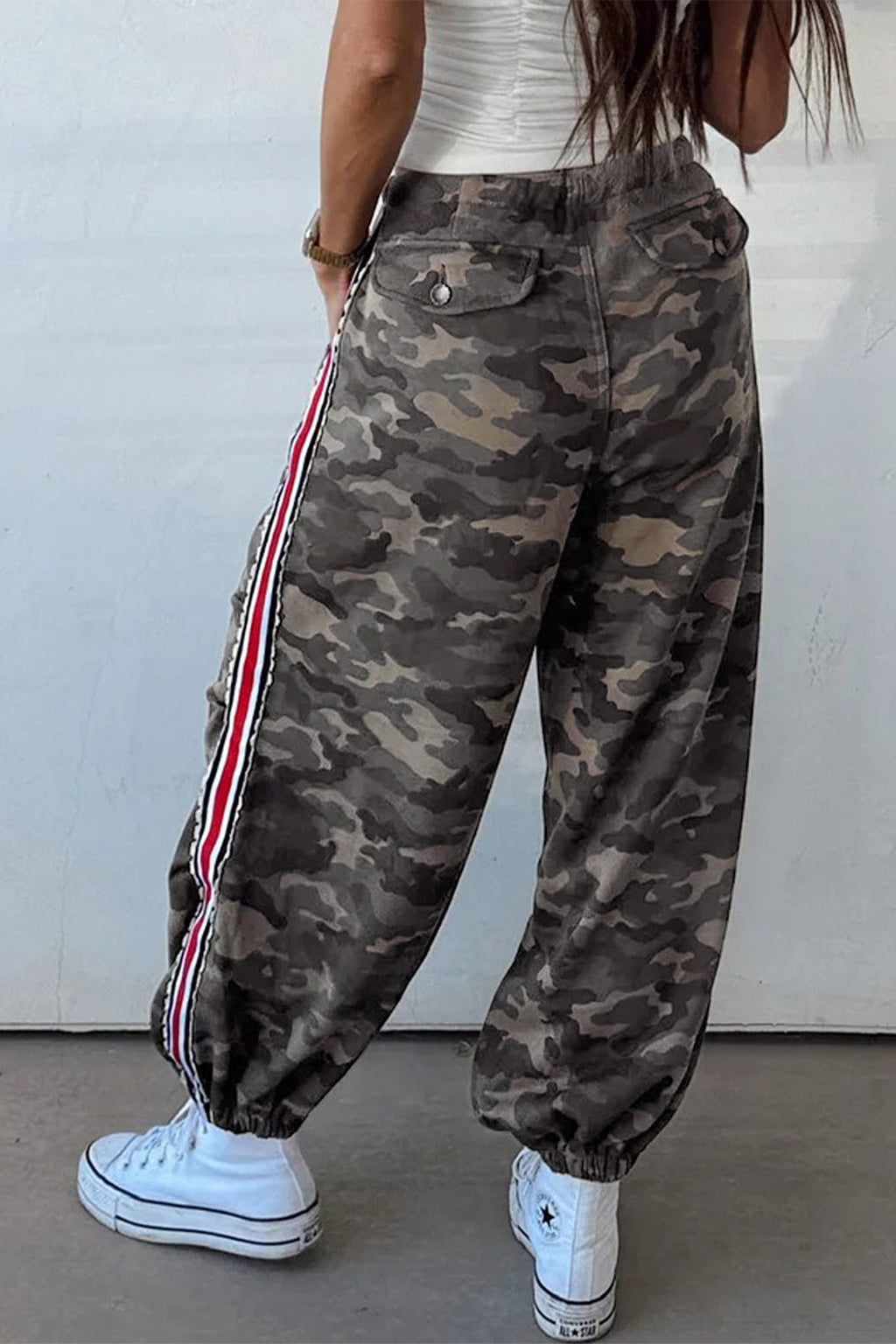 Camouflage Print Drawstring Pants Striped Side Panel Green Khaki Women S-XL