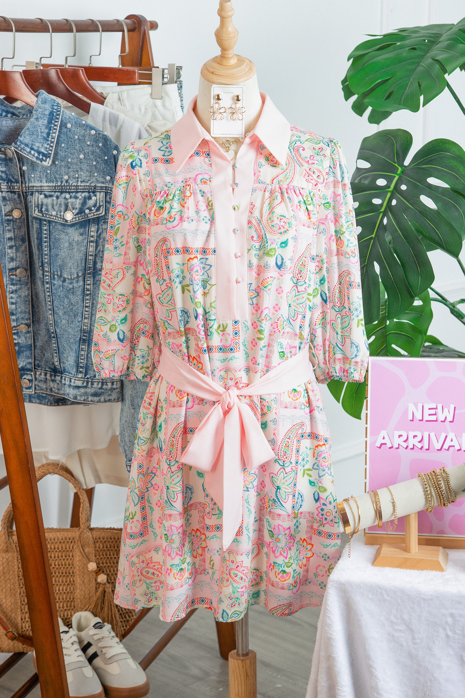 Pink Boho Floral Print Belted Mini Dress | UK Sizes 8-20