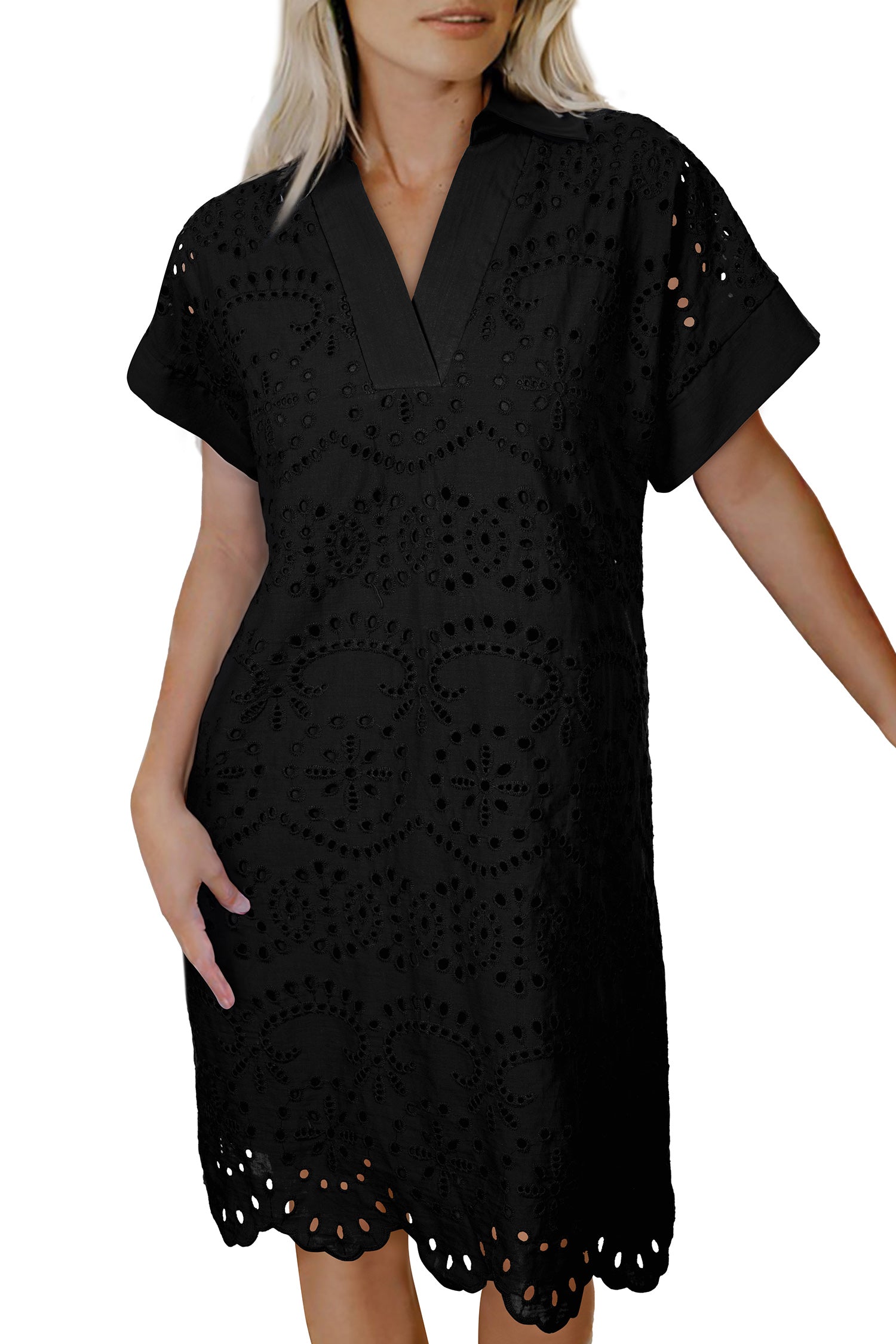 Rose Red Black Navy Eyelet Embroidered T-Shirt Mini Dress S-2XL