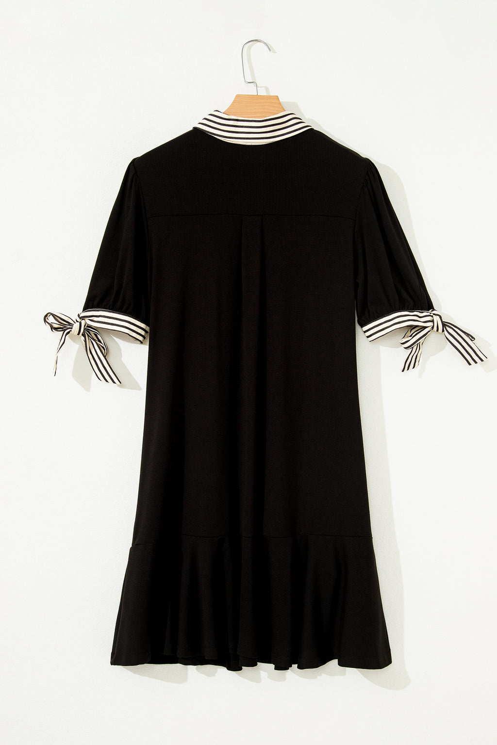 Black Stripe Polo Collar Half Button Tied Short Sleeve Mini Dress S-XL