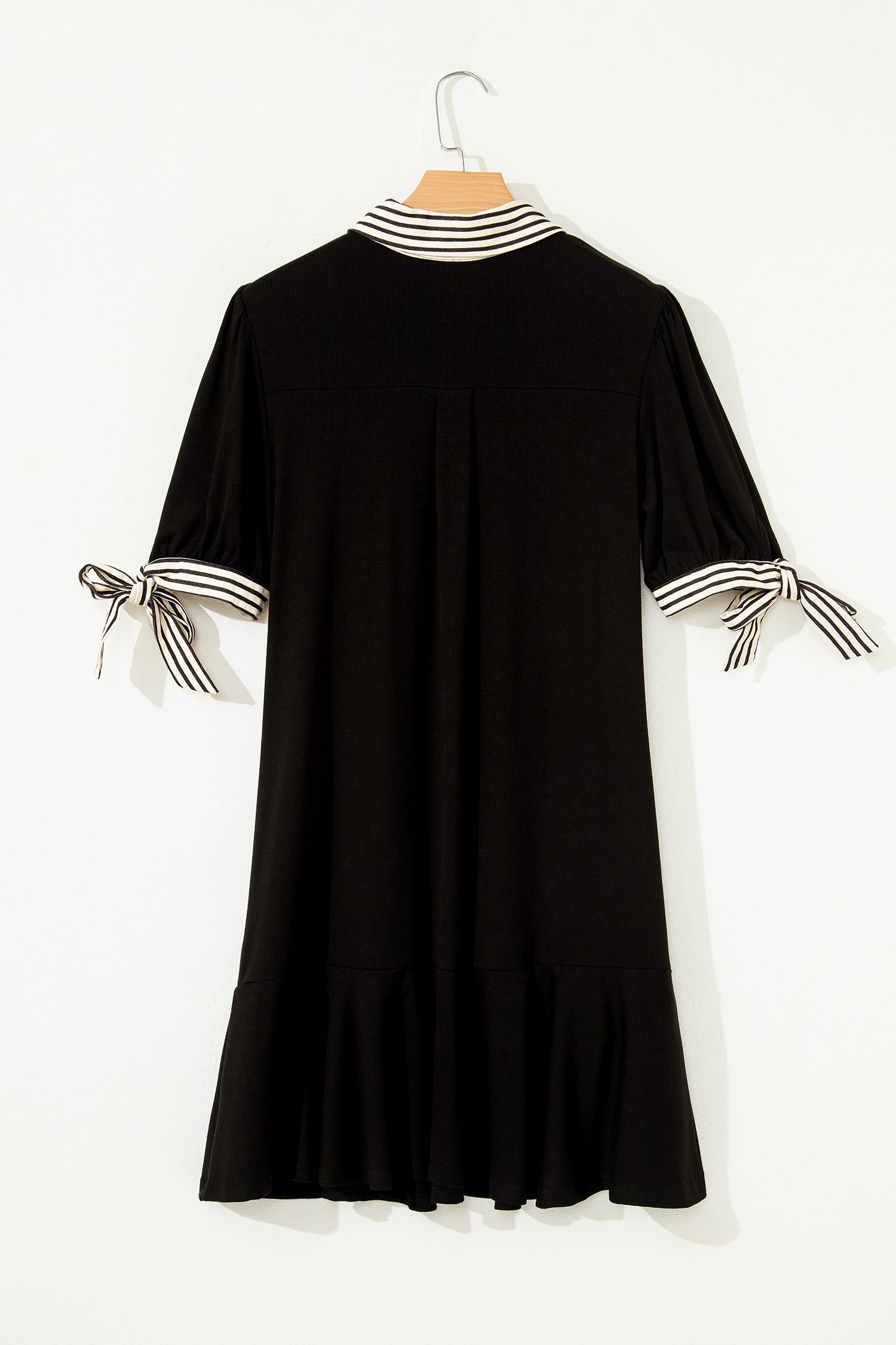 Black Stripe Polo Collar Half Button Tied Short Sleeve Mini Dress S-XL