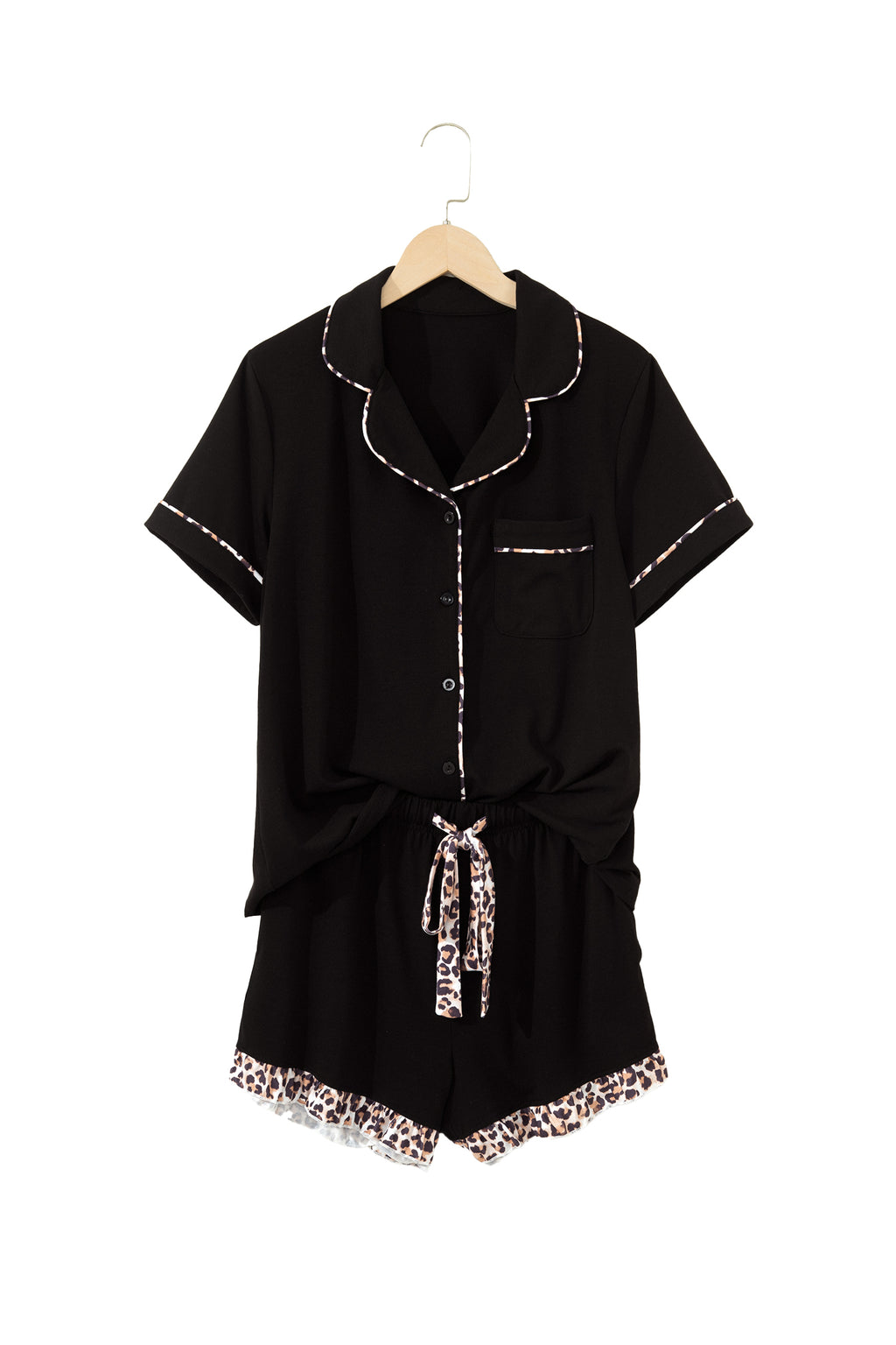 LivelyLooks Black Leopard Patchwork Trim Lapel Shirt Drawstring Shorts Pyjama Set Nightwear PJ women's fashion
