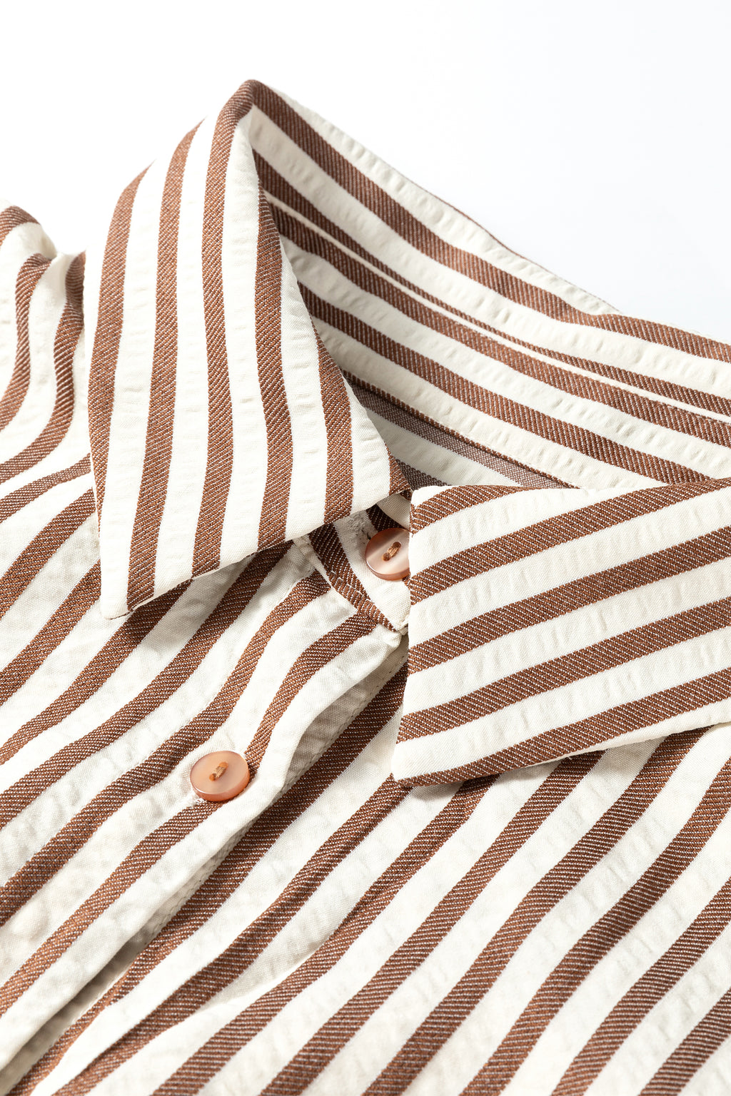 Brown Stripe Textured Midi Shirt Dress 3/4 Sleeve Round Hem Split Women S-XL