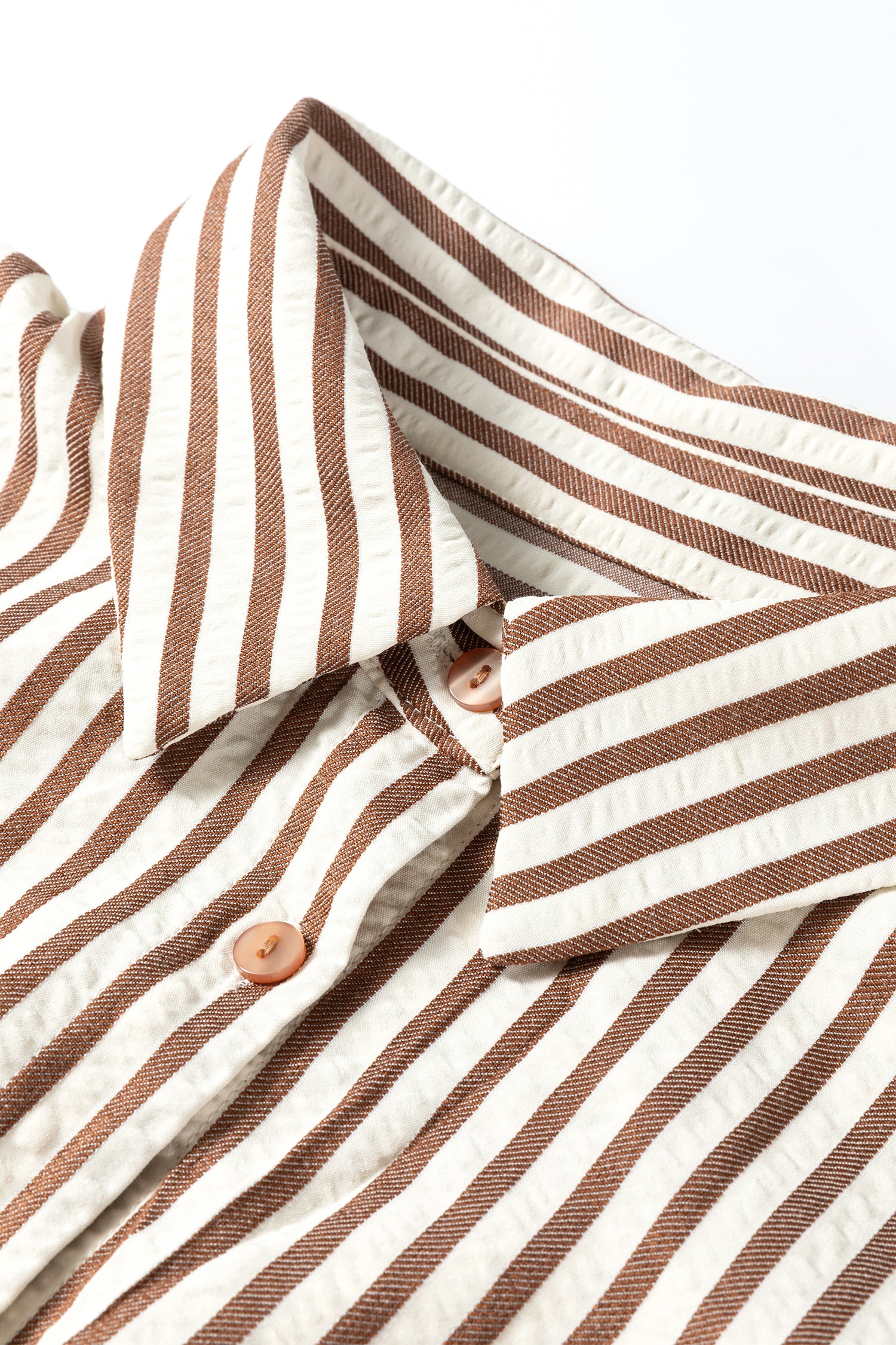 Brown Stripe Textured Midi Shirt Dress 3/4 Sleeve Round Hem Split Women S-XL