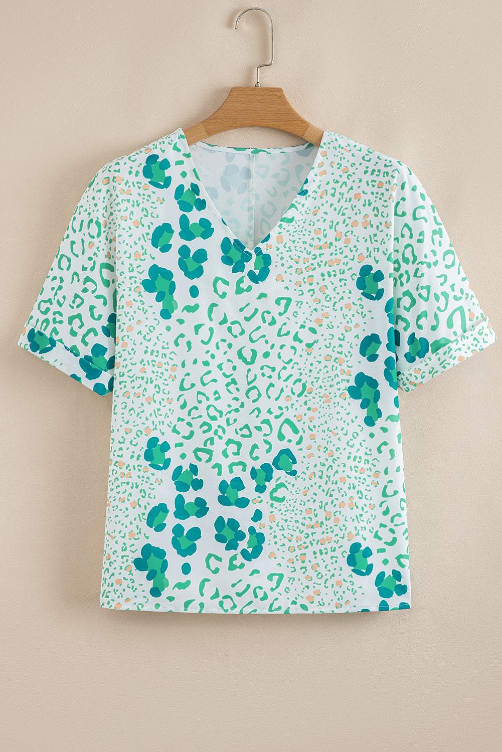Leopard Print V Neck Blouse Short Sleeve Sky Blue Pink Green Women S-XL