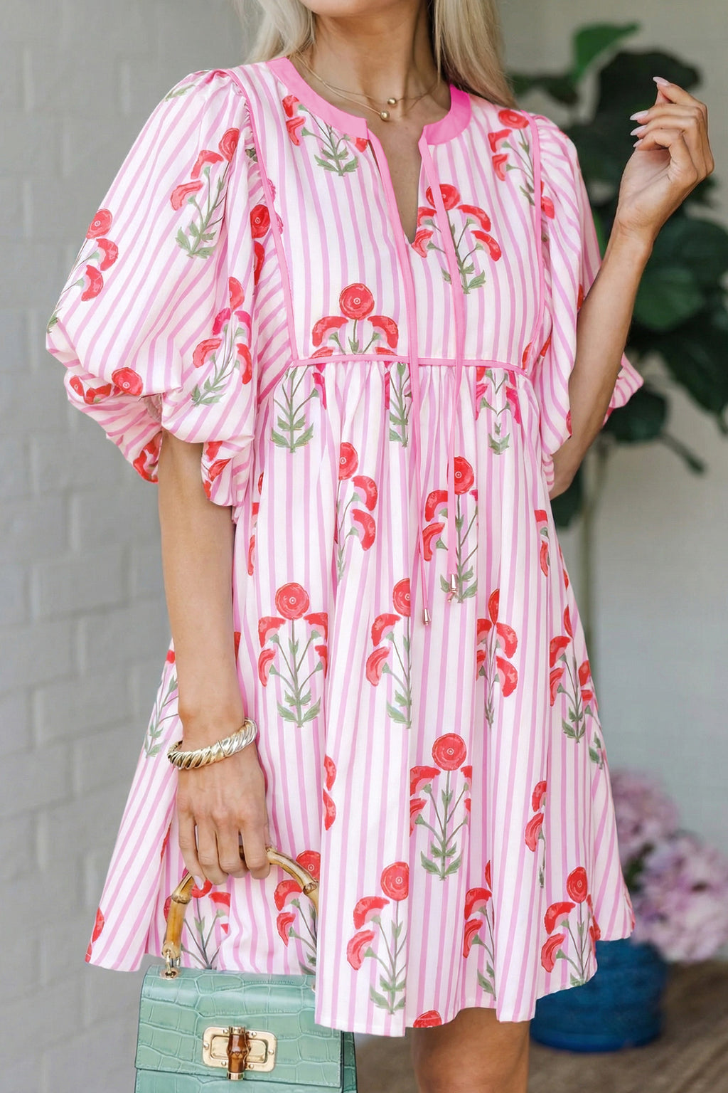 Pink & Sky Blue Floral Stripe Tie Notched Neck Puff Sleeve Mini Dress S-XL