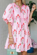 Pink & Sky Blue Floral Stripe Tie Notched Neck Puff Sleeve Mini Dress S-XL