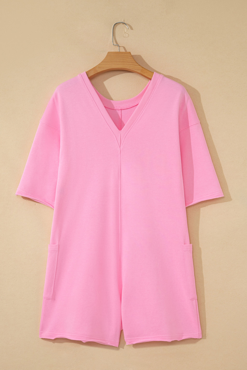 Women's Solid Colour Raw Edge Half Sleeve Pocketed Loose Romper | Green, Pink & Red | UK 8-22 at LivelyLooks