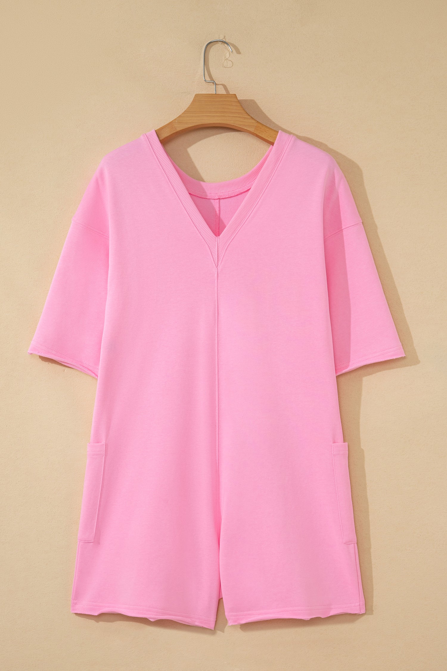 Women's Solid Colour Raw Edge Half Sleeve Pocketed Loose Romper | Green, Pink & Red | UK 8-22 at LivelyLooks