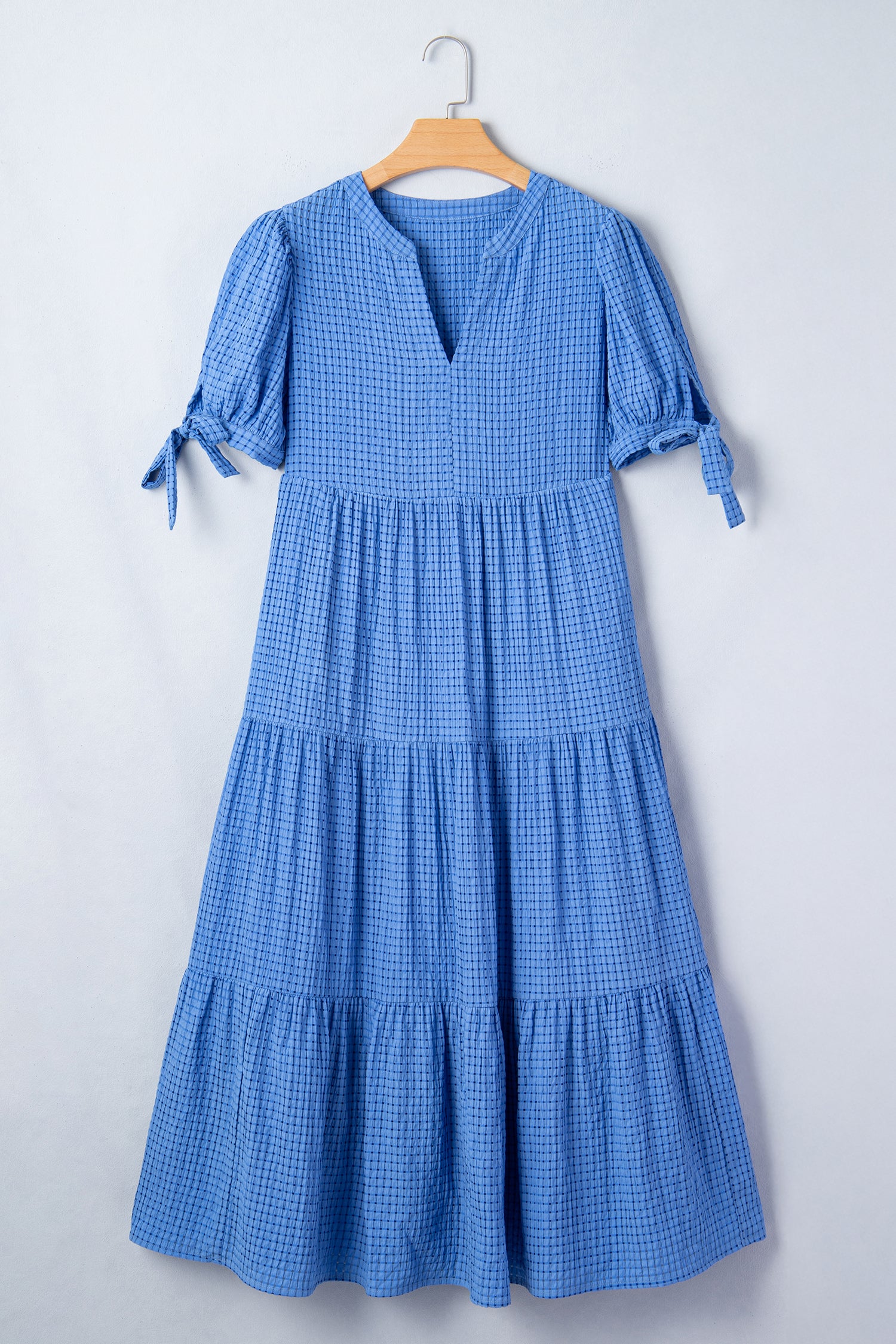 Dusk Blue & Yellow Gingham Bow Tie V-Neck Tiered Midi Dress | Pockets