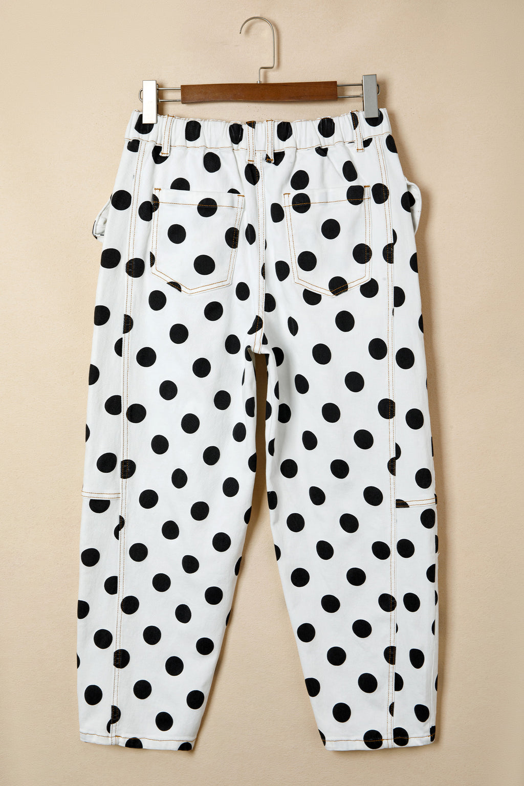 Polka Dot Print Bow Detail Pocketed Loose Jeans | White & Sky Blue
