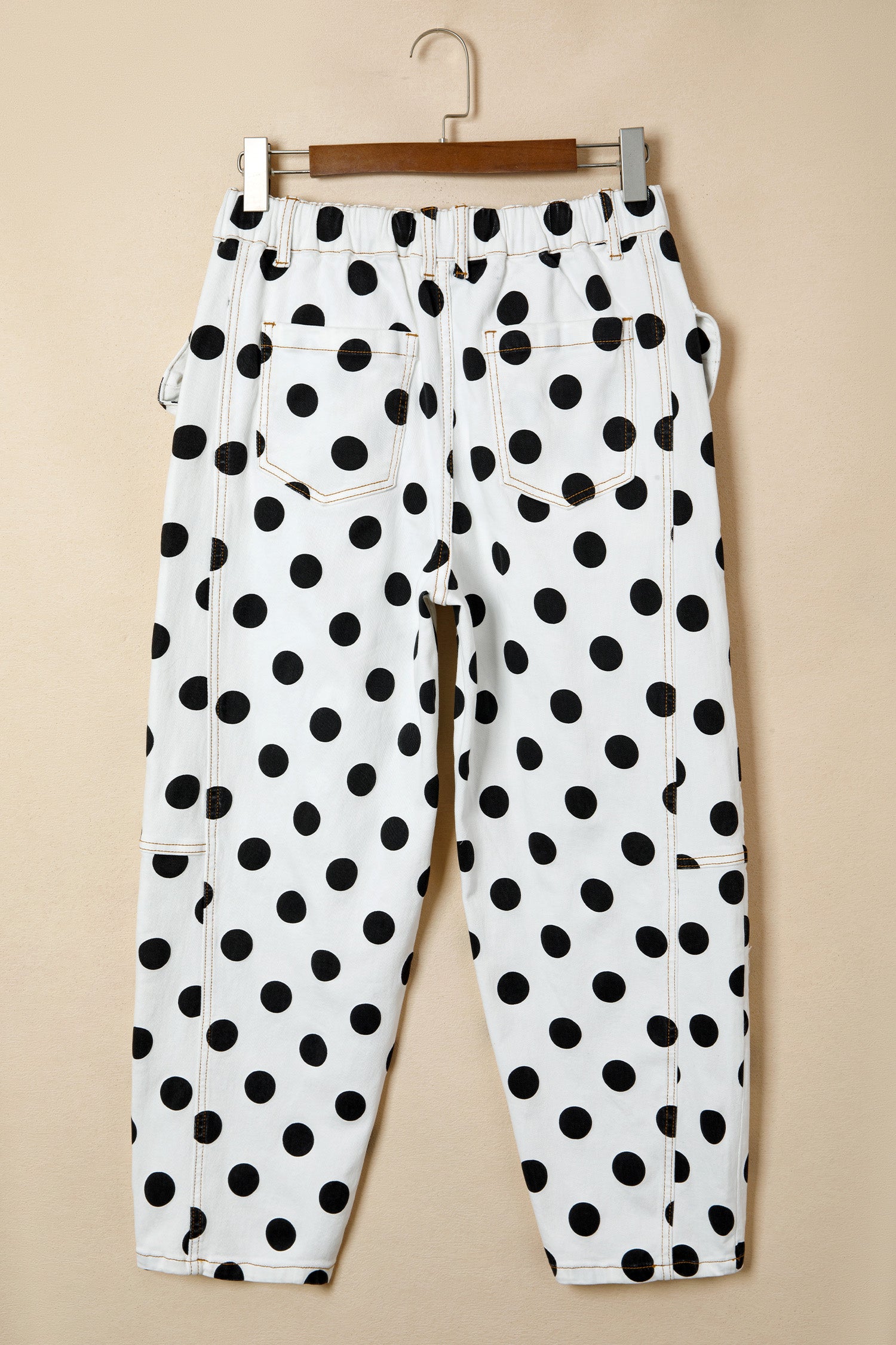 Polka Dot Print Bow Detail Pocketed Loose Jeans | White & Sky Blue