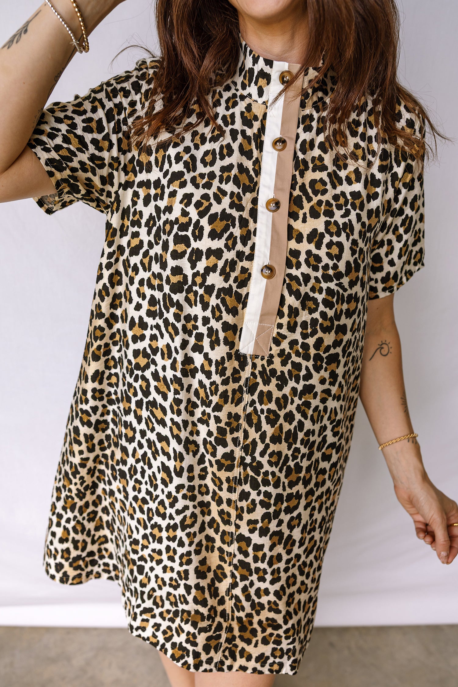 Women's Multicolour Half Buttons Short Sleeve Loose Leopard Mini Dress with Pockets at LivelyLooks