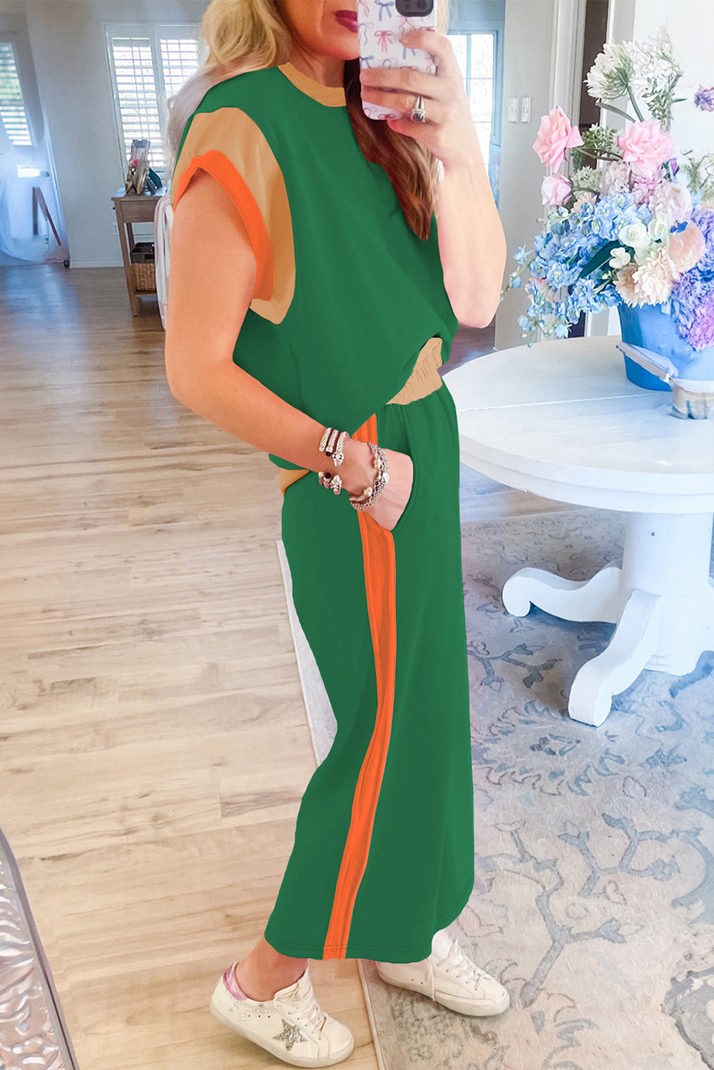 Colour Block Cap Sleeve Tee & Crop Wide Leg Trousers Set | 8 Colours