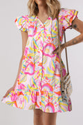 LivelyLooks Floral Ruffle Trim Flutter Sleeve V-Neck Mini Dress Green Pink S-XL women's fashion