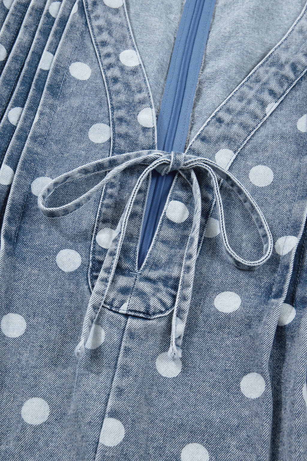 Women's Sky Blue Polka Dot Denim Romper | Tie V-Neck Pleated Loose Playsuit at LivelyLooks