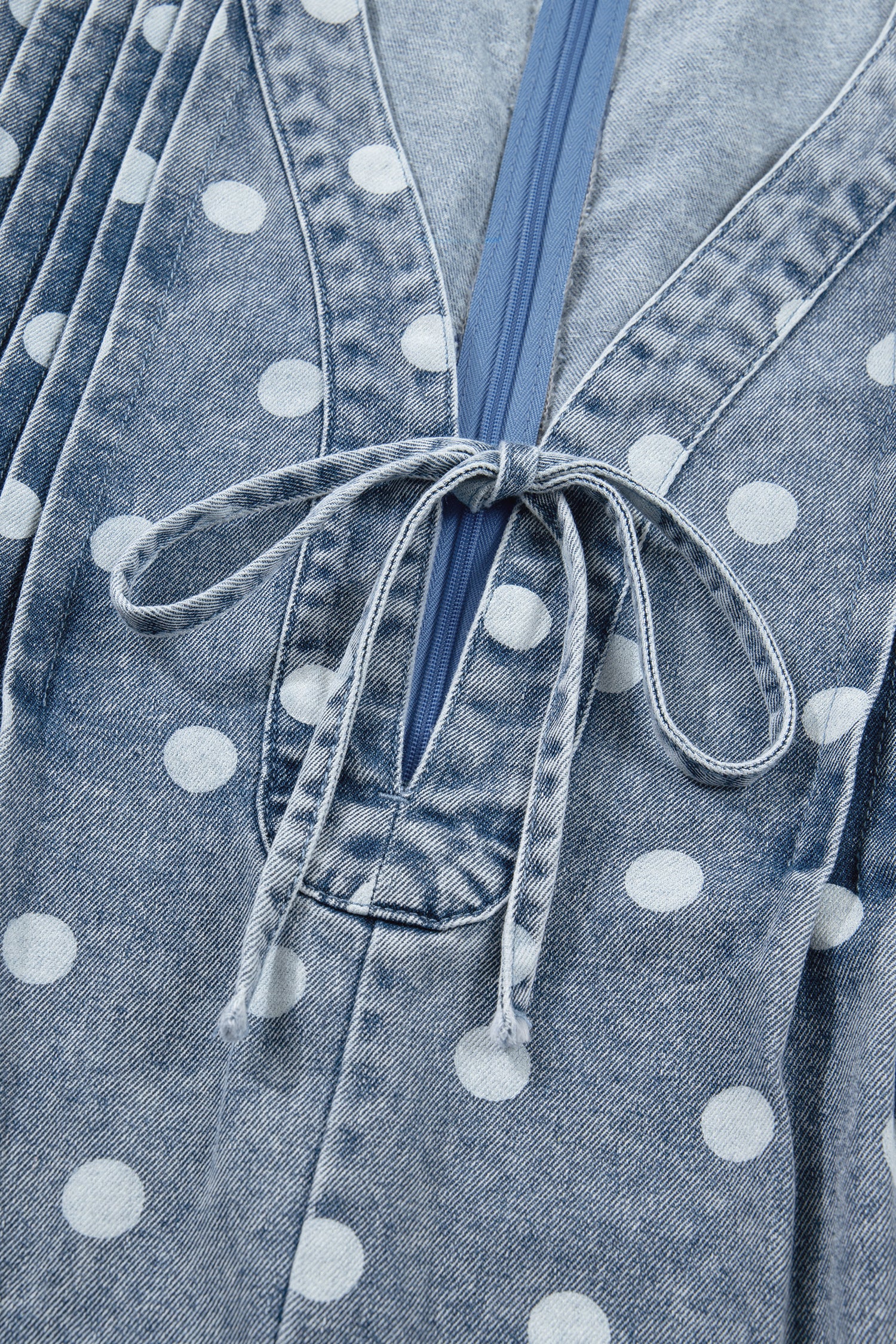 Women's Sky Blue Polka Dot Denim Romper | Tie V-Neck Pleated Loose Playsuit at LivelyLooks