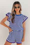 Striped Contrast Trim Cap Sleeve Top & Shorts Set – Blue