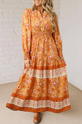 Women's Orange Floral Boho Maxi Dress Smocked Waist Puff Sleeve Tiered S-XL at LivelyLooks