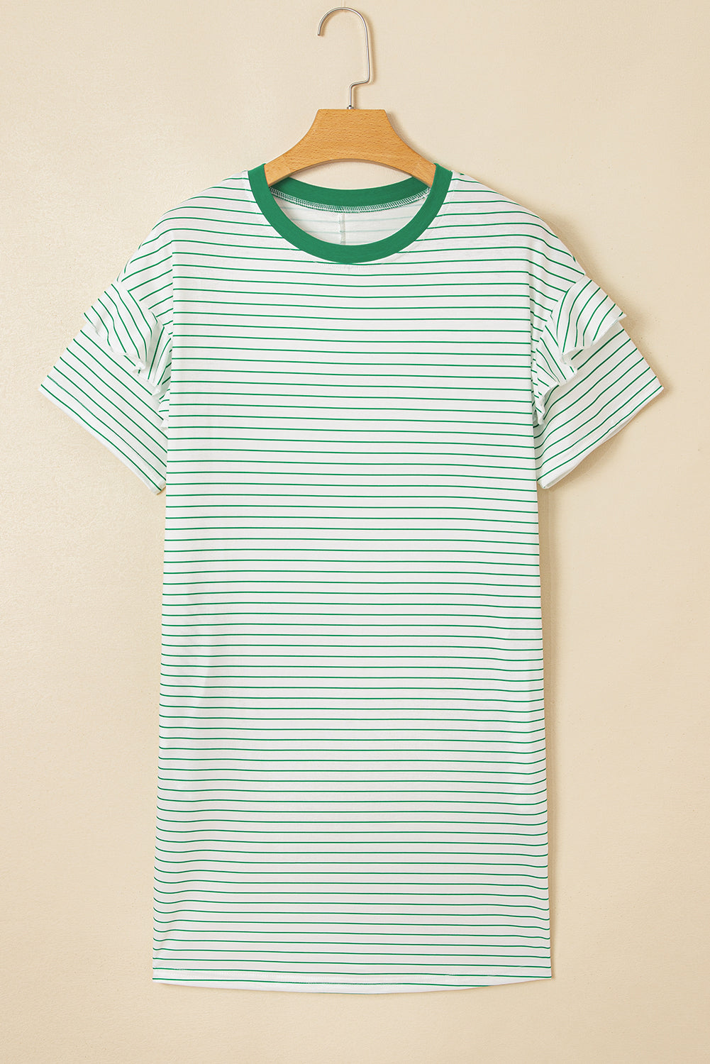 Women's Green Stripe Ruffled Short Sleeve Crew Neck Shift Mini Dress at LivelyLooks