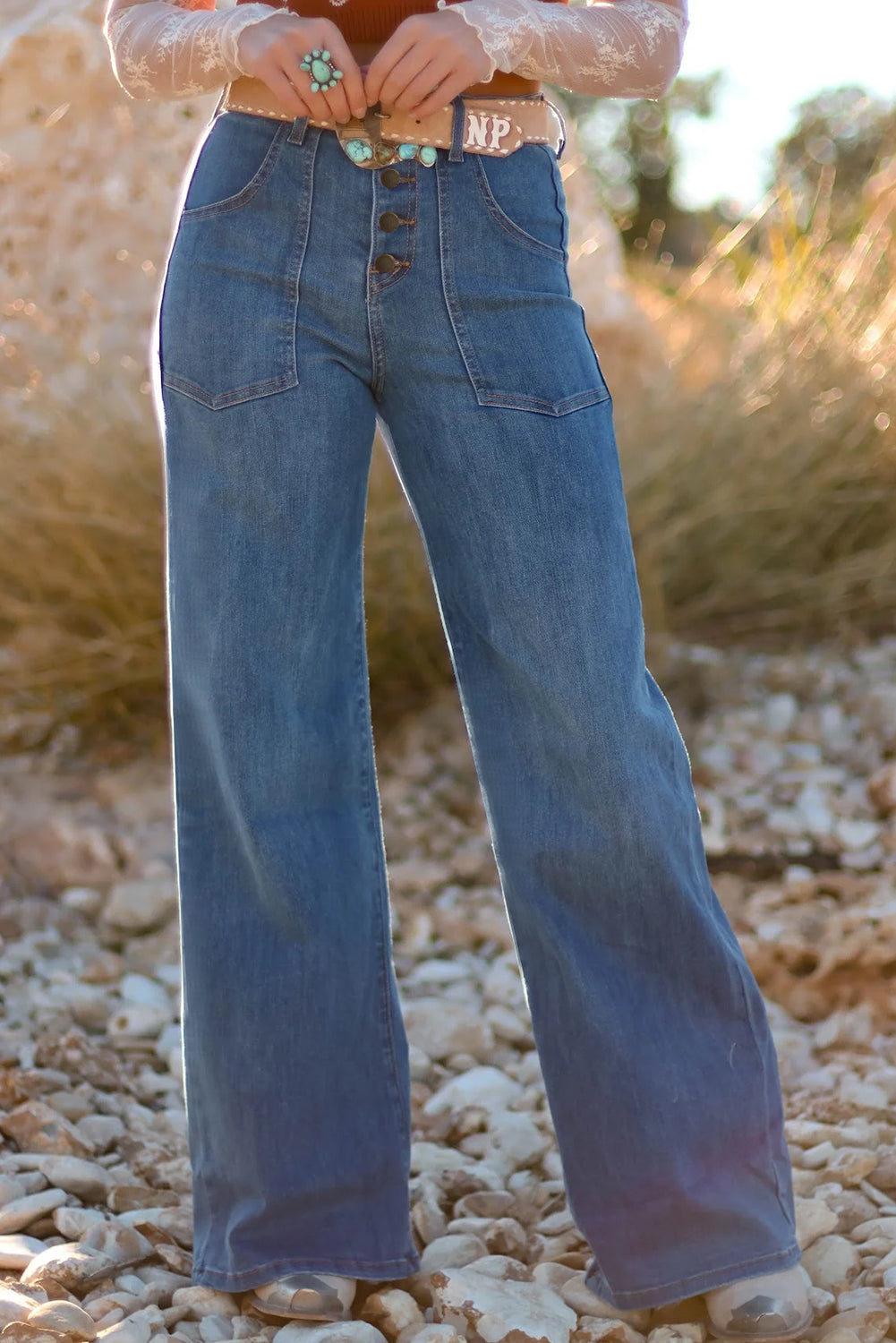 Women's Women's High Waist Wide Leg Jeans Multi Button Detail With Pockets Sizes 4-16 at LivelyLooks