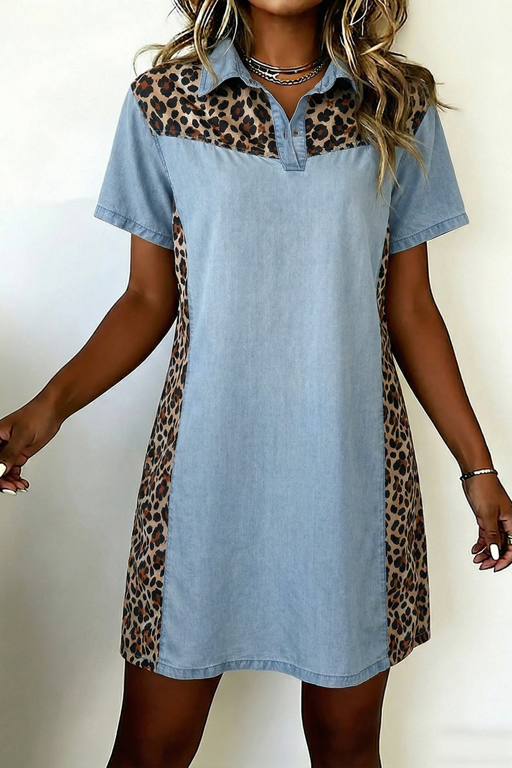 Blue Denim Colour Block Leopard Patchwork Shirt Collar Mini Dress S-XL