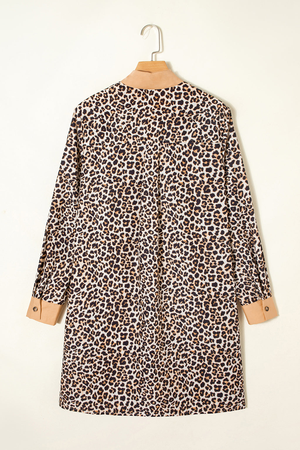 Women's Khaki Button Striped Collar Leopard Print Long Sleeve Flared Dress at LivelyLooks