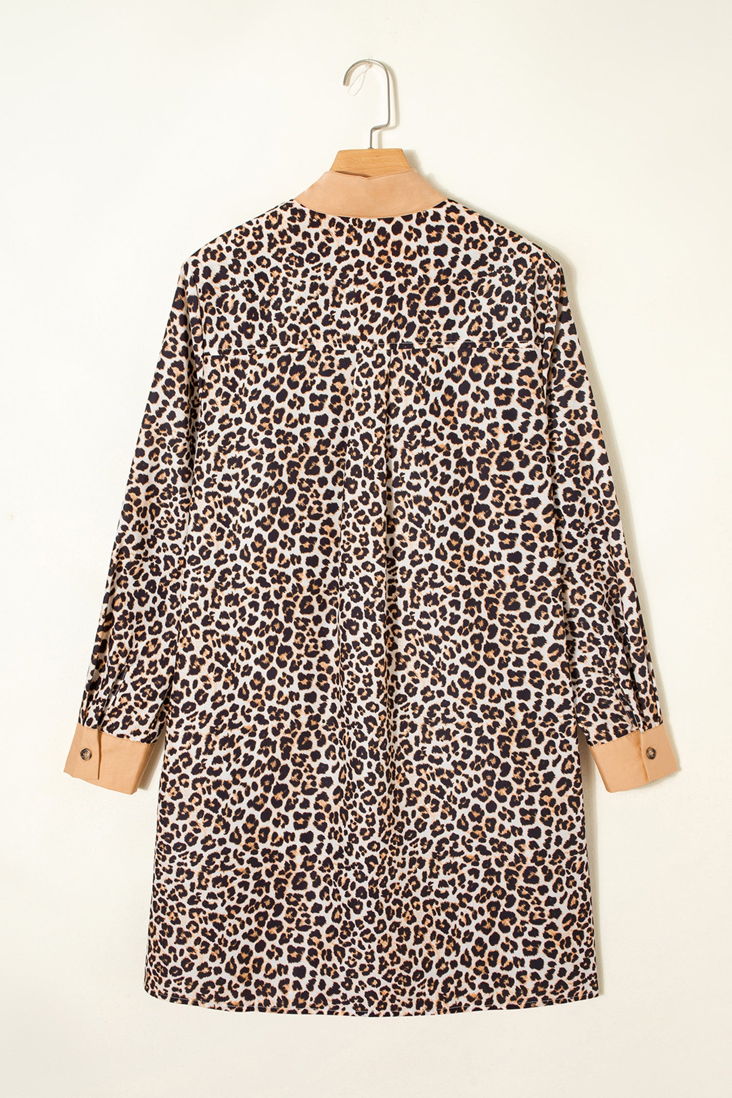 Women's Khaki Button Striped Collar Leopard Print Long Sleeve Flared Dress at LivelyLooks