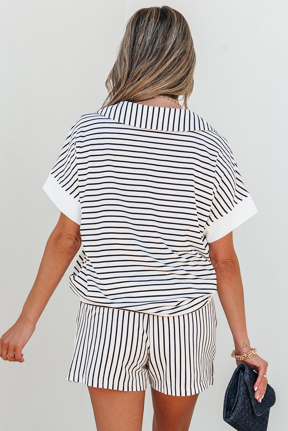 Black Stripe V-Neck Tee & Shorts Co-ord Set | 2-Piece