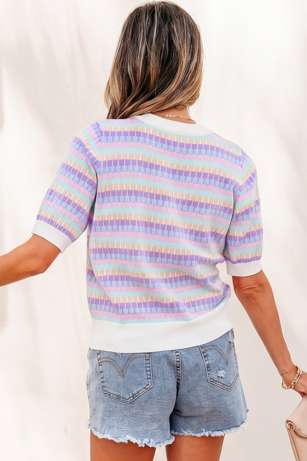 Women's Rose Red Abstract Stripe Knit Short Sleeve Sweater at LivelyLooks