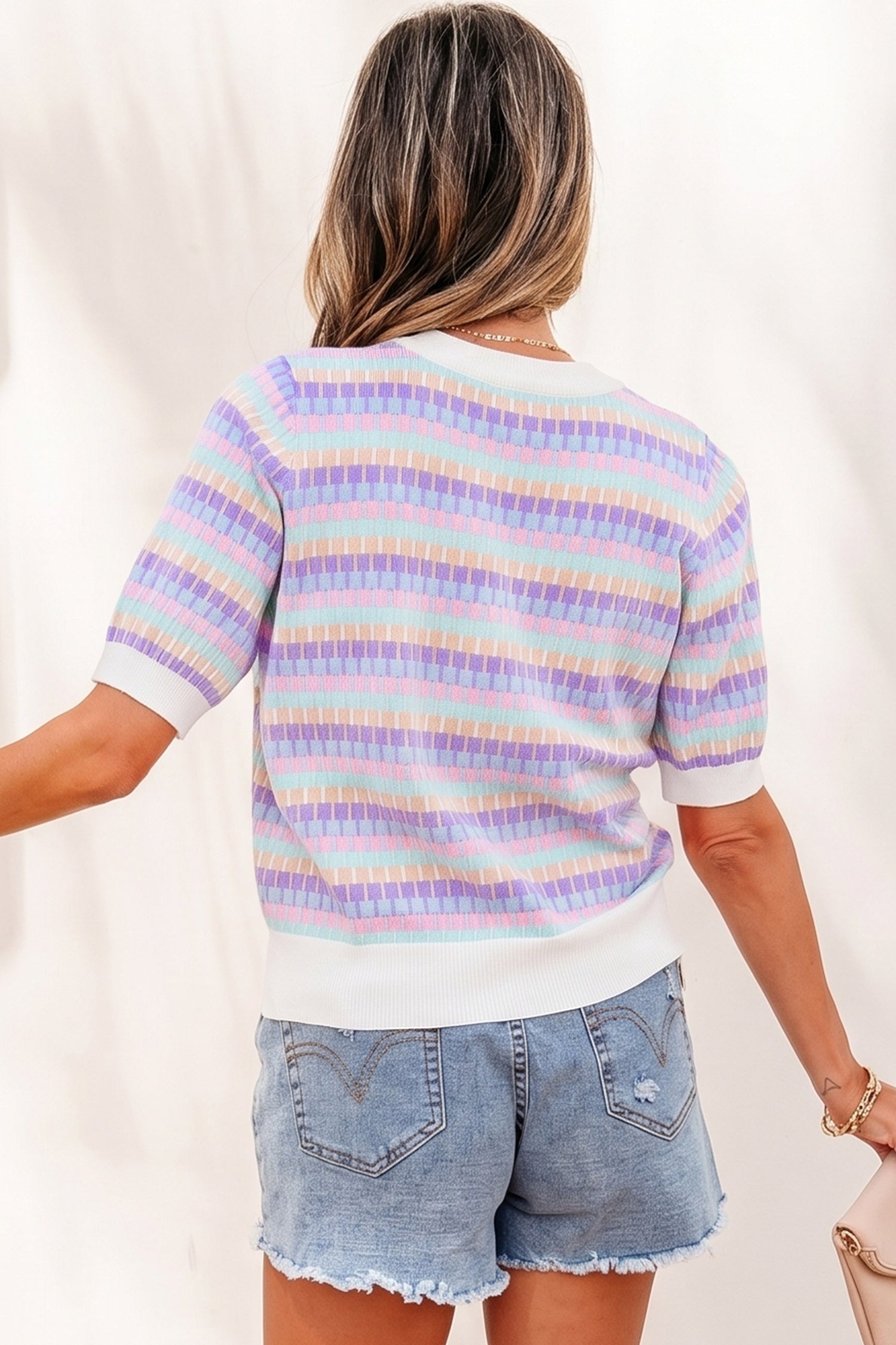 Women's Rose Red Abstract Stripe Knit Short Sleeve Sweater at LivelyLooks