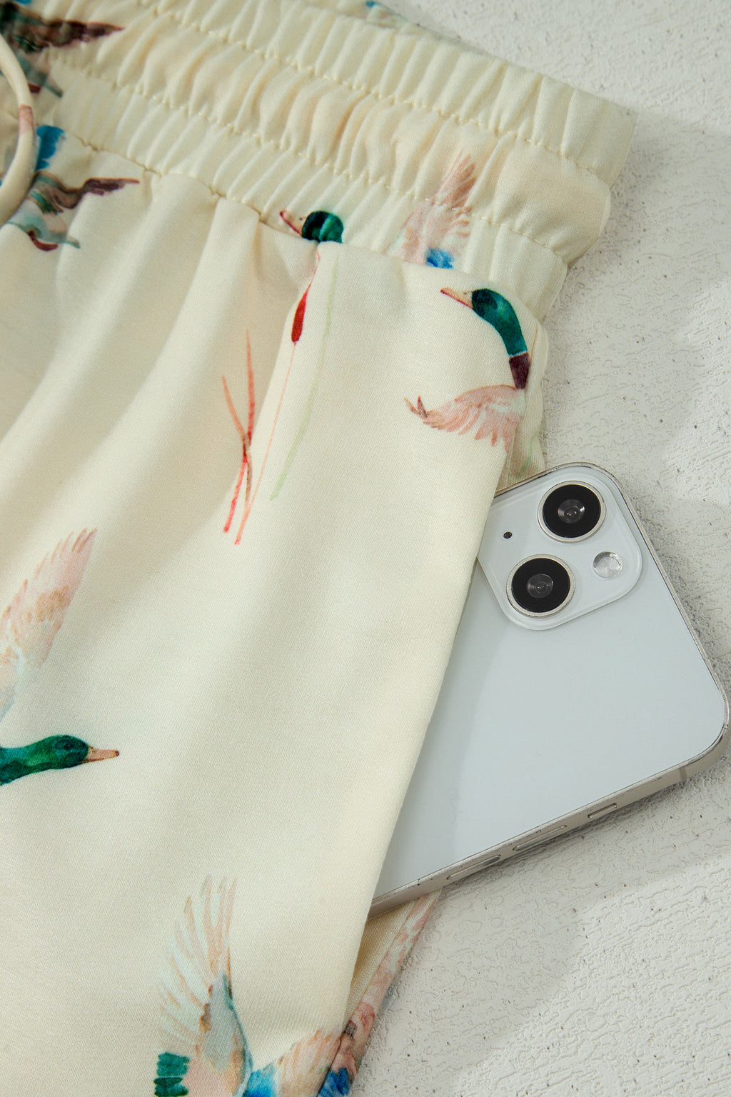 Beige Mallard Duck Print Oversized Tee & Drawstring Shorts Set Women S-XL