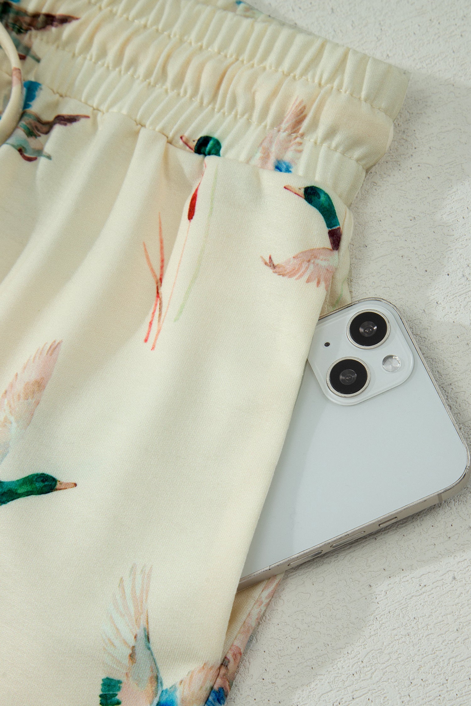 Beige Mallard Duck Print Oversized Tee & Drawstring Shorts Set Women S-XL