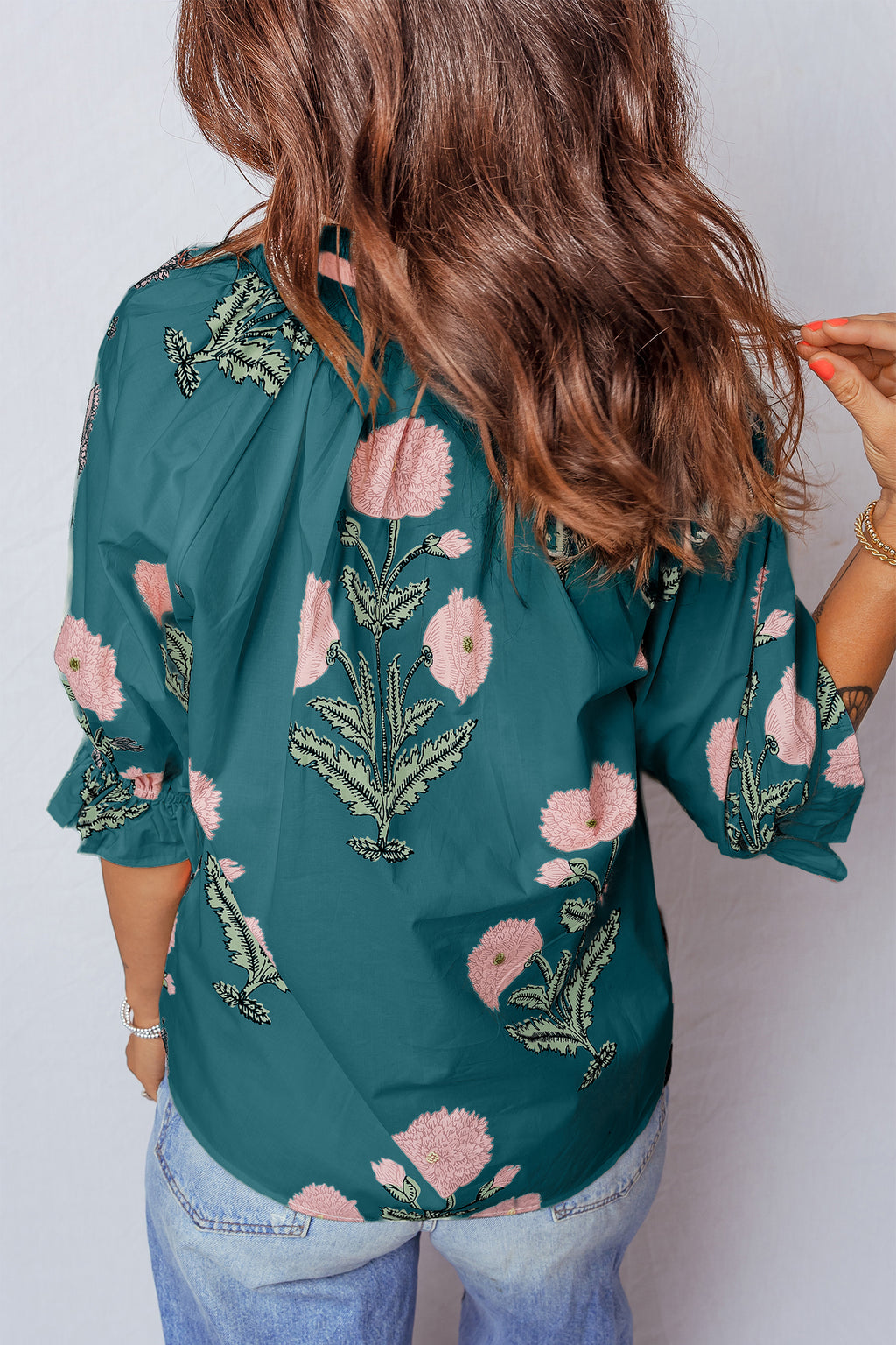 Women's Green Casual Wild Flower Print V Neck 3/4 Sleeve Blouse at LivelyLooks